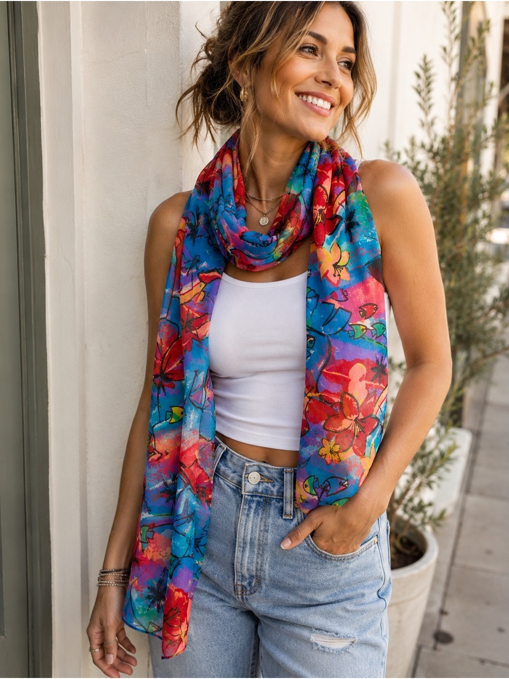 Chico’s Tropical Fish Floral Sheer Scarf Colorful Coastal Wrap